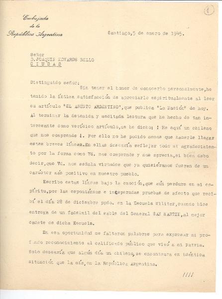 [Carta] 1945 ene. 5, Santiago, Chile [a] Joaquín Edwards Bello