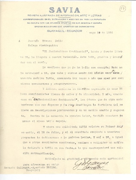 [Carta] 1926 may. 10, Guayaquil, Ecuador [a] Joaquín Edwards Bello