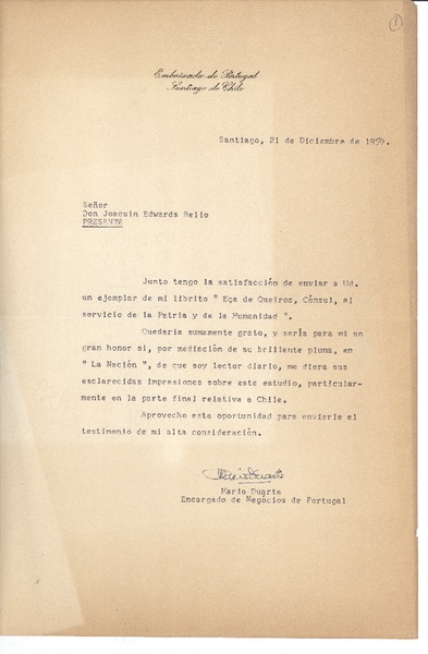 [Carta] 1959 dic. 21, Santiago, Chile [a] Joaquín Edwards Bello
