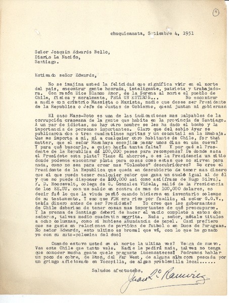 [Carta] 1951 sep. 4, Chuquicamata, Chile [a] Joaquín Edwards Bello