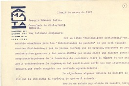 [Carta] 1927 mar. 6, Lima, Perú [a] Joaquín Edwards Bello, París, Francia