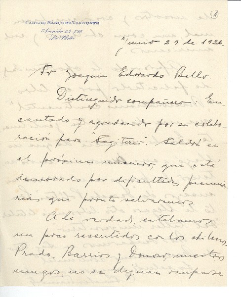 [Carta] 1926 jun. 29, La Plata, Argentina [a] Joaquín Edwards Bello