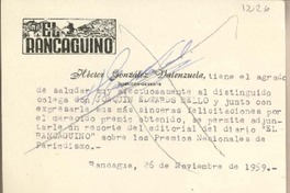 [Tarjeta] 1959, noviembre 26, Rancagua, [Chile] [a] Joaquín Edwards Bello