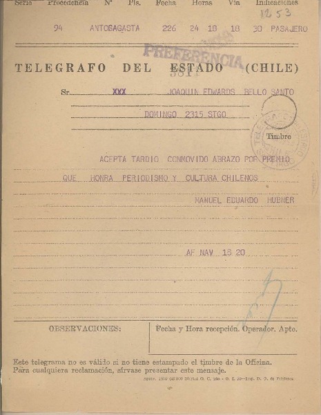 [Telegrama] 1959 noviembre 18, Antofagasta, [Chile] [a] Joaquín Edwards Bello