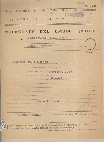 [Telegrama] 1959 noviembre 17, Ovalle, [Chile] [a] Joaquín Edwards Bello