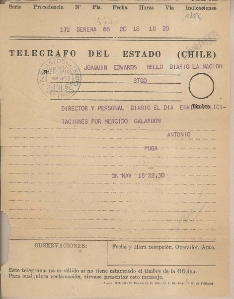 [Telegrama] 1959 noviembre 18, La Serena, [Chile] [a] Joaquín Edwards Bello
