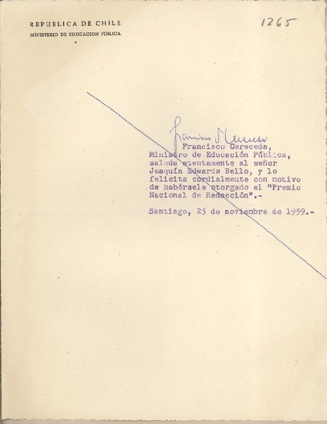 [Tarjeta] 1959 noviembre 25, Santiago, [Chile] [a] Joaquín Edwards Bello