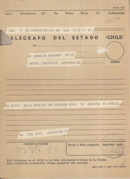 [Telegrama] 1961 febrero 15, Constitución, [Chile] [a] Joaquín Edwards Bello, [Valparaíso]