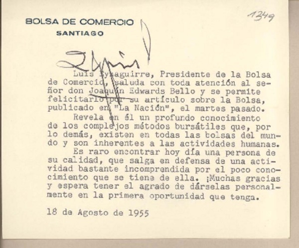 [Tarjeta] 1955 agosto 18, Santiago, [Chile] [a] Joaquín Edwards Bello