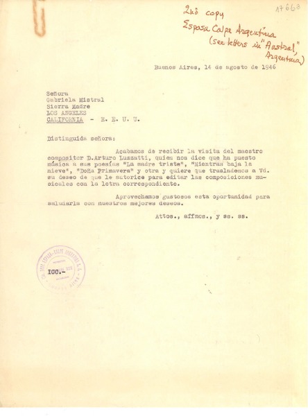 [Carta] 1946 ago. 14, Buenos Aires, Argentina [a] Gabriela Mistral, Los Angeles, California