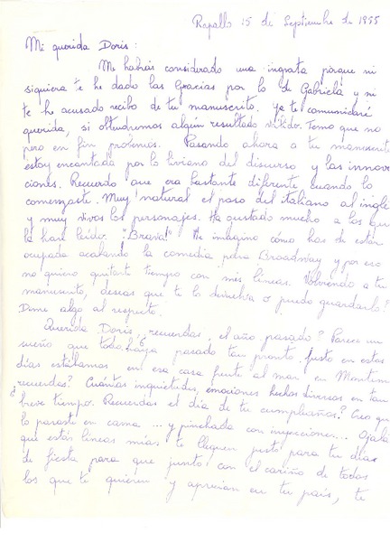 [Carta] 1955 sep. 15, Rapallo, [Italia] [a] Doris Dana, [New York]