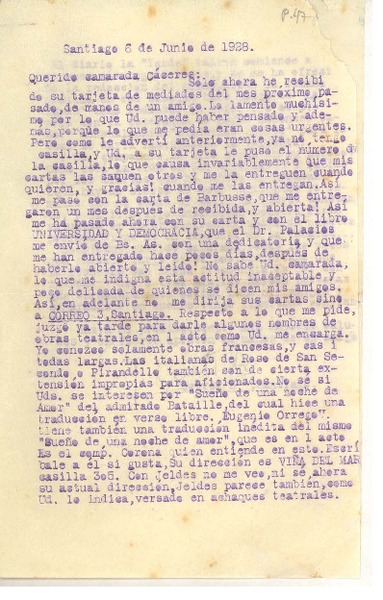 [Carta] 1928 jun. 5, Santiago, Chile [a] Luis Omar Cáceres