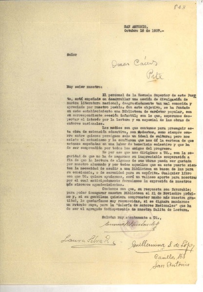 [Carta] 1937 oct. 16, San Antonio, Chile [a] Omar Cáceres