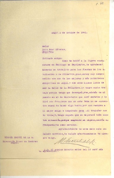 [Carta] 1941 oct. 3, Angol, Chile [a] Luis Omar Cáceres