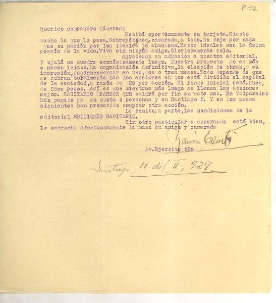 [Carta] 1929 feb. 11, Santiago, Chile [a] Luis Omar Cáceres