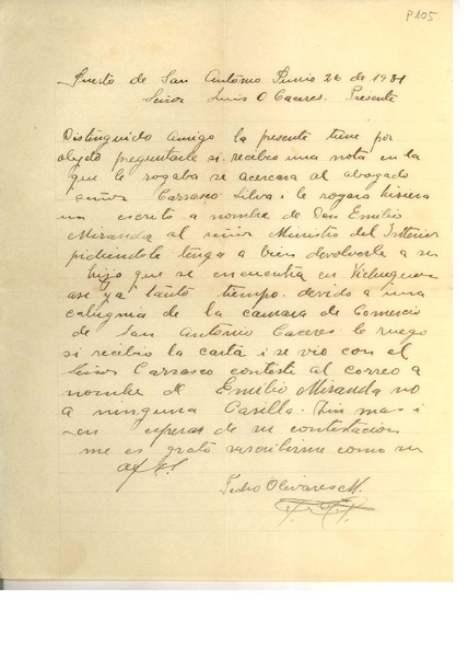 [Carta] 1931 jun. 26, Puerto de San Antonio, Chile [a] Omar Cáceres