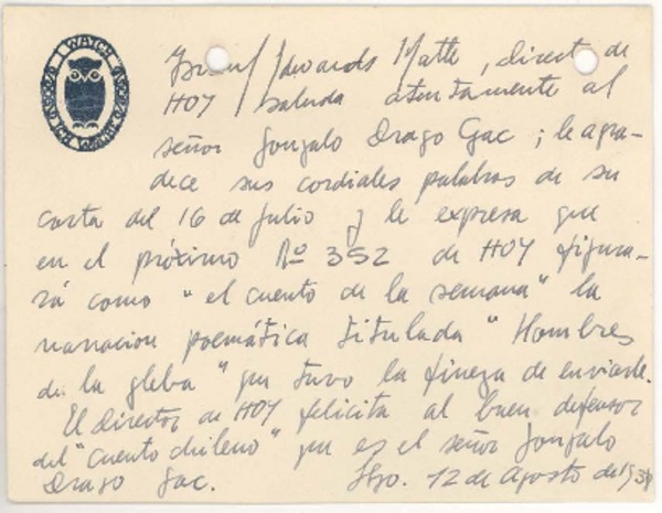 [Tarjeta] 1938 ago. 12, Santiago, Chile [a] Gonzalo Drago