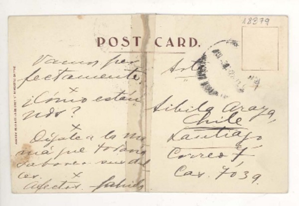 [Tarjeta postal] 1922 jul. 1 [a bordo del "Orcoma"] [a] Sibila Araya, Santiago, Chile