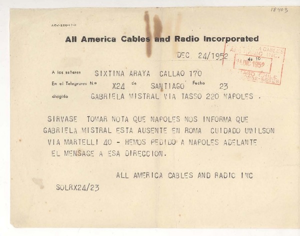 [Telegrama] 1952 dic. 24, Santiago, Chile [a] Sixtina Araya