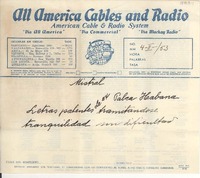 [Telegrama] 1953, Santiago, Chile [a] Gabriela Mistral, La Habana, Cuba