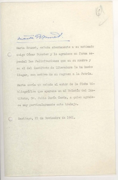 [Carta] 1961 nov. 21, Santiago, Chile [a] Cesar Bunster y Julio Durán
