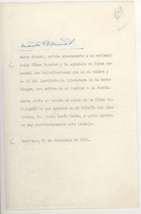 [Carta] 1961 nov. 21, Santiago, Chile [a] Cesar Bunster y Julio Durán