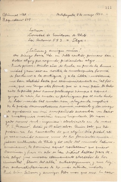 [Carta] 1950 may. 8, Antofagasta, Chile [a] Carlos Préndez Saldías