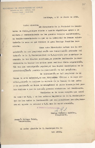 [Carta] 1953 jun. 10, Santiago, Chile [a] [Alcalde de Santiago]