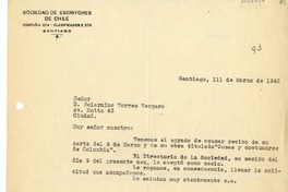 [carta] 1942 marzo 11, Santiago, Chile [a] Belarmino Torres Vergara