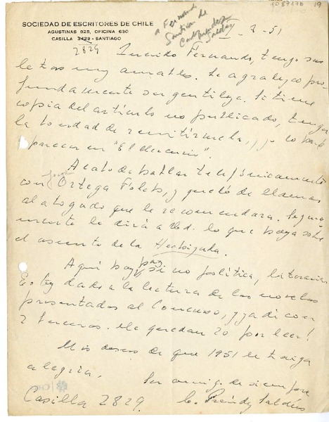 [Carta] 1951 agosto 1, Santiago, Chile [a] Fernando Santiván