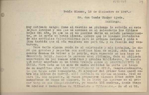 [Carta] 1947 diciembre 15, Bahía Blanca, Argentina [a] Tomás Thayer Ojeda, Santiago, [Chile]