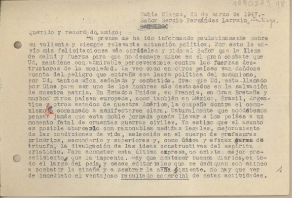 [Carta] 1947 marzo 26, Bahía Blanca, Argentina [a] Sergio Fernández Larrain, Santiago [Chile]