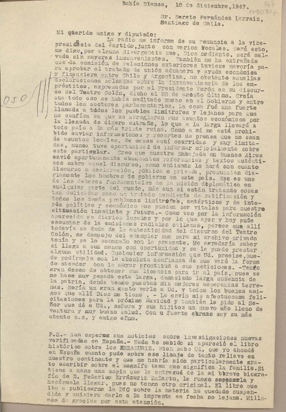 [Carta] 1947 diciembre 18, Bahía Blanca, Argentina [a] Sergio Fernández Larraín, Santiago, Chile