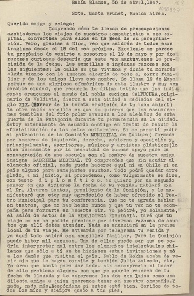 [Carta] 1947 abril 30, Bahía Blanca, Argentina [a] Marta Brunet, Buenos Aires