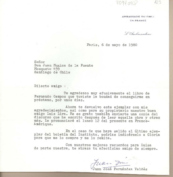 [Carta] 1980 mayo 6, Paris, Francia [a] Juan Mujica de la Fuente, Santiago [Chile]