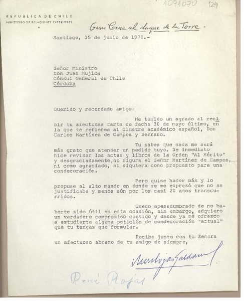 [Carta] 1970 junio 15, Santiago, Chile [a] Juan Mujica de la Fuente, Córdoba [Argentina]