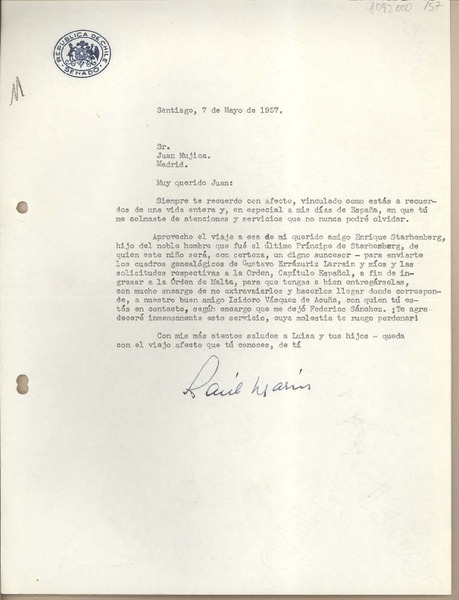 [Carta] 1957 mayo 7, Santiago, Chile [a] Juan Mujica de la Fuente, Madrid, España