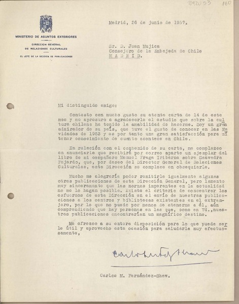 [Carta] 1957 junio 26, Madrid, España [a] Juan Mujica de la Fuente