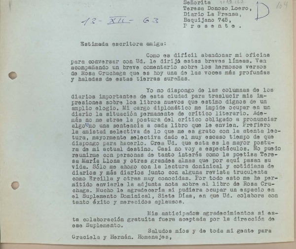 [Carta] 1963 diciembre 13, Arequipa, Perú [a] Teresa Donoso Loero