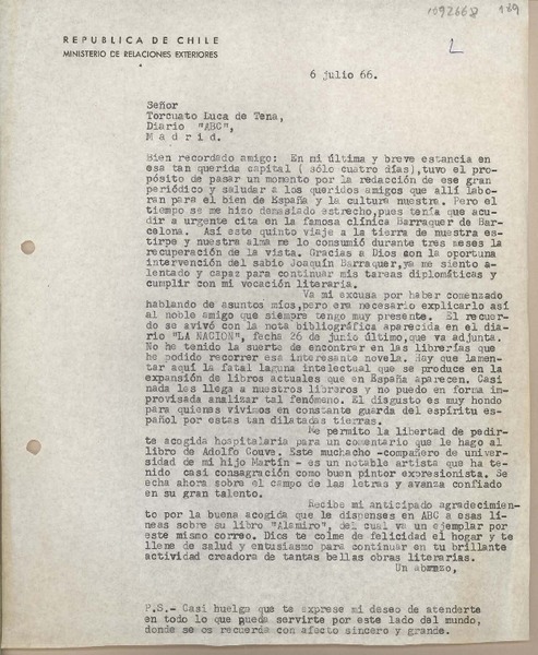 [Carta] 1966 julio 6, Santiago, Chile [a] Juan Ignacio Luca de Tena, Madrid, España