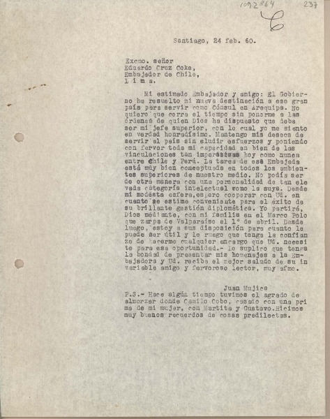 [Carta] 1960 febrero 24, Santiago, Chile [a] Eduardo Cruz-Coke, Lima, Perú