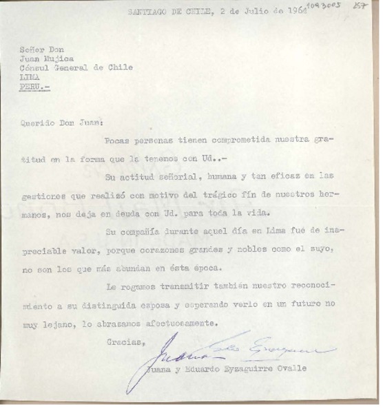 [Carta] 1964 julio 2, Santiago, Chile [a] Juan Mujica, Lima, Perú