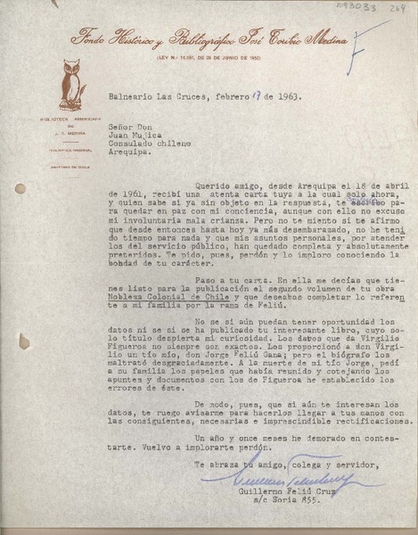 [Carta] 1963 febrero, Las Cruces, Chile [a] Juan Mujica, Arequipa, Perú