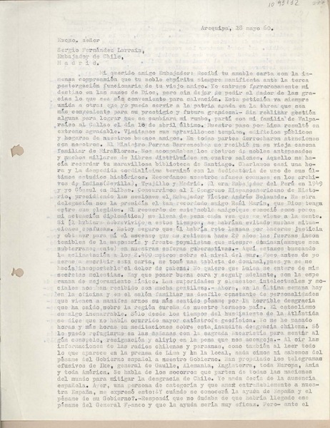 [Carta] 1960 mayo 28, Arequipa, Perú [a] Sergio Fernández Larraín, Madrid, España