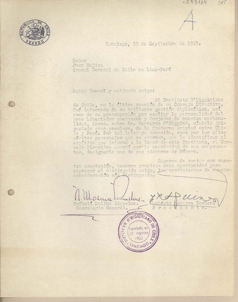 [Carta] 1963 septiembre 30, Santiago, Chile [a] Juan Mujica de la Fuente, Lima, Perú