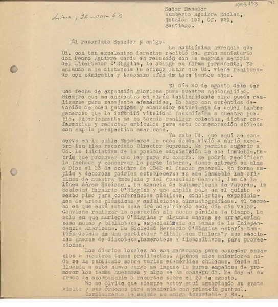 [Carta] 1963 agosto 26, Lima, Perú [a] Humberto Aguirre Doolan, Santiago, Chile