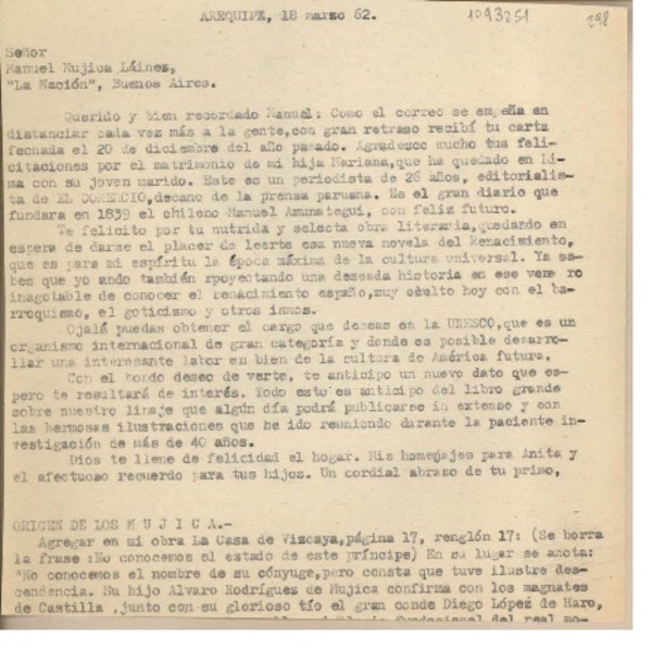 [Carta] 1962 marzo 18, Arequipa, Perú [a] Manuel Mujica Láinez, Buenos Aires, Argentina