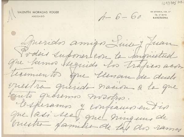 [Carta] 1960 junio 4 y 5, Barcelona, España [a] Juan Mujica, Arequipa, Perú