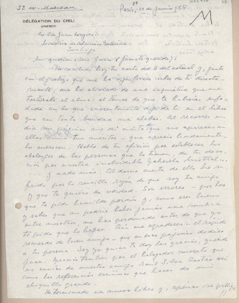 [Carta] 1958 junio 10, París, Francia [a] Juan Mujica, Santiago, Chile