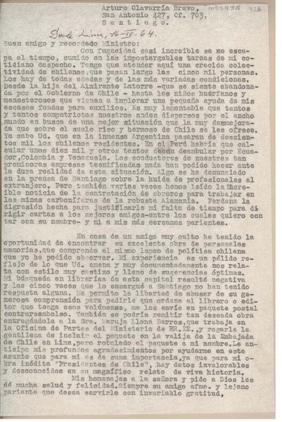 [Carta] 1964 abril 16, Lima, Perú [a] Arturo Olavarría Bravo, Santiago, Chile